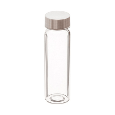 26112. VIAL VIDRIO CLARO 40ML C/TAPA DE POLIPROPILENO BLANCO 24-400MM REVESTIDA DE TEFLON, CLASE 2 PRELIMPIO Y CERTIFICADO CAJA C/100 PIEZAS FINNERAN
