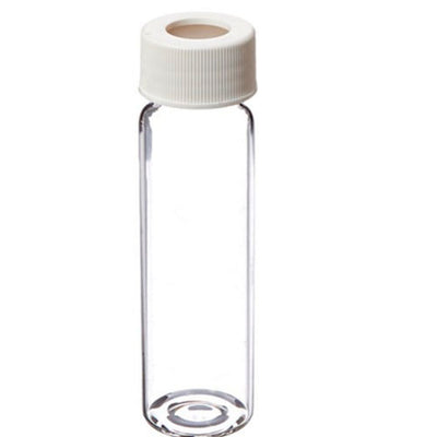 26114. VIAL VIDRIO CLARO 40ML C/TAPA DE POLIPROPILENO BLANCO ABIERTA 24-414MM Y SEPTA DE TEFLON/SILICON, CLASE 3 PRELIMPIO Y CERTIFICADO C/72 FINNERAN