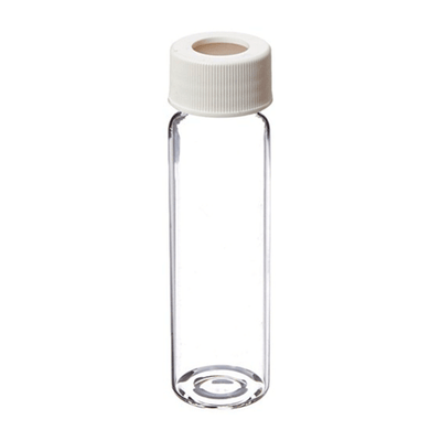26113. VIAL VIDRIO CLARO 40ML C/TAPA DE POLIPROPILENO BLANCO ABIERTA 24-414MM C/SEPTA DE TEFLON SILICON, CLASE 3 PRELIMPIO Y CERTIFICADO C/100 FINNERAN