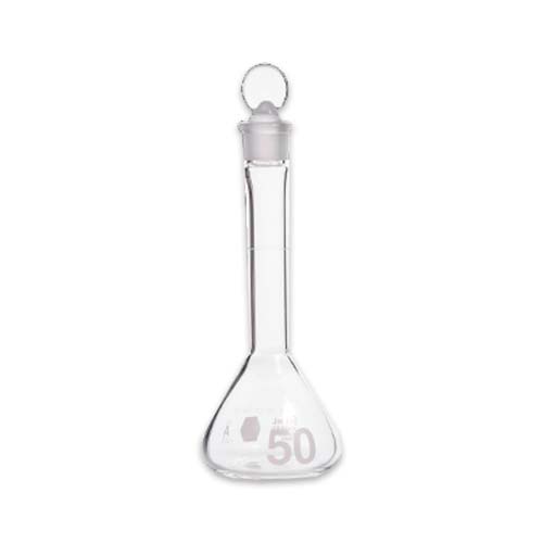 14210. MATRAZ VOLUMETRICO DE VIDRIO 50ML CLASE A CLARO HD, BOCA ANCHA, CERTIFICADO INDIVIDUAL, TAPON VIDRIO - KIMAX