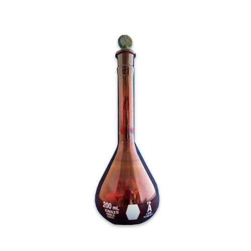 15548. MATRAZ VOLUMETRICO DE VIDRIO 200ML CLASE A RAY-SORB AMBAR PARED REFORZADA, BOCA ANCHA C/TAPON DE VIDRIO - KIMAX