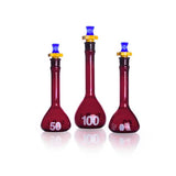 21579. MATRAZ VOLUMETRICO DE VIDRIO 200ML CLASE A RAY-SORB AMBAR, TRABAJO PESADO, BOCA ANCHA, CERTIFICADO C/TAPON DE POLIETILENO - KIMAX