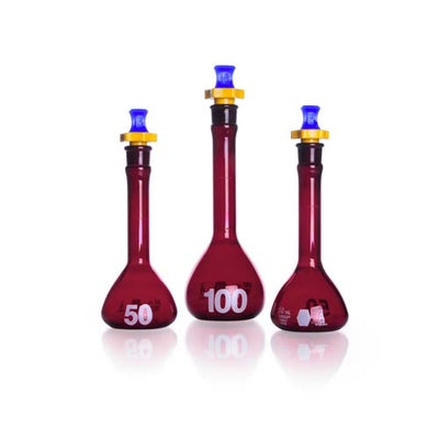 21579. MATRAZ VOLUMETRICO DE VIDRIO 200ML CLASE A RAY-SORB AMBAR, TRABAJO PESADO, BOCA ANCHA, CERTIFICADO C/TAPON DE POLIETILENO - KIMAX