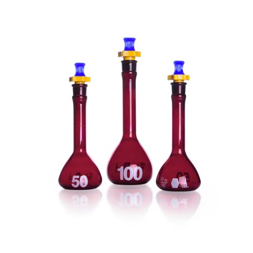 21579. MATRAZ VOLUMETRICO DE VIDRIO 200ML CLASE A RAY-SORB AMBAR, TRABAJO PESADO, BOCA ANCHA, CERTIFICADO C/TAPON DE POLIETILENO - KIMAX
