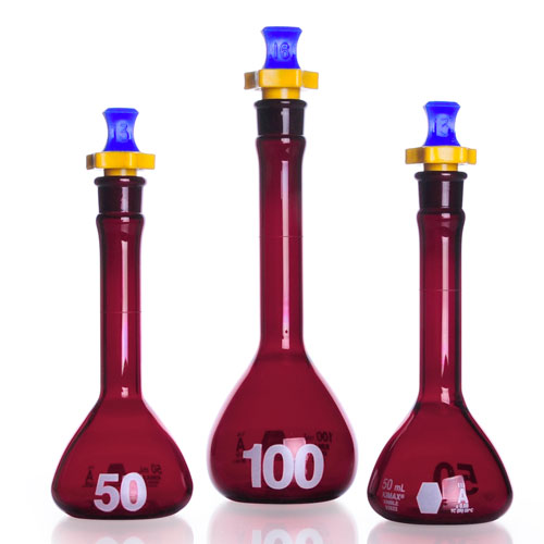 26929. MATRAZ VOLUMETRICO DE VIDRIO 20ML AMBAR CLASE A RAY-SORB, BOCA ANCHA C/TAPON DE POLIETILENO KIMAX