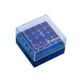 25506. CAJA DE ALMACENAMIENTO P/25 CRIOVIALES 1.2-2.0ML, POLICARBONATO AZUL C/TAPA TRANSPARENTE 75X75X52MM PAQUETE C/5 PIEZAS  SARSTEDT