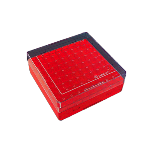 25507. CAJA DE ALMACENAMIENTO P/81 CRIOVIALES 1.2-2.0ML, POLICARBONATO ROJO C/TAPA TRANSPARENTE 132X132X53MM PAQUETE C/5 PIEZAS  SARSTEDT