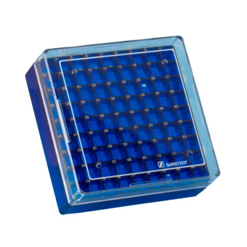 21600. CAJA DE ALMACENAMIENTO P/81 TUBOS CRIOGENICOS, POLICARBONATO AZUL C/TAPA TRANSPARENTE C/VENTILACION PAQUETE C/5 PIEZAS - SARSTEDT