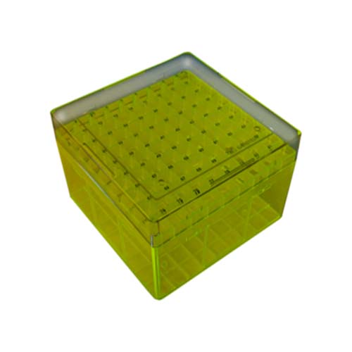 22618. GRADILLA P/81 CRIOTUBOS DE POLICARBONATO AMARILLO C/TAPA TRANSPARENTE C/VENTILACION 132X132X95MM SARSTEDT