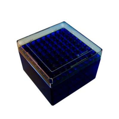 22619. GRADILLA P/81 CRIOTUBOS DE POLICARBONATO AZUL C/TAPA TRANSPARENTE C/VENTILACION 132X132X95MM SARSTEDT