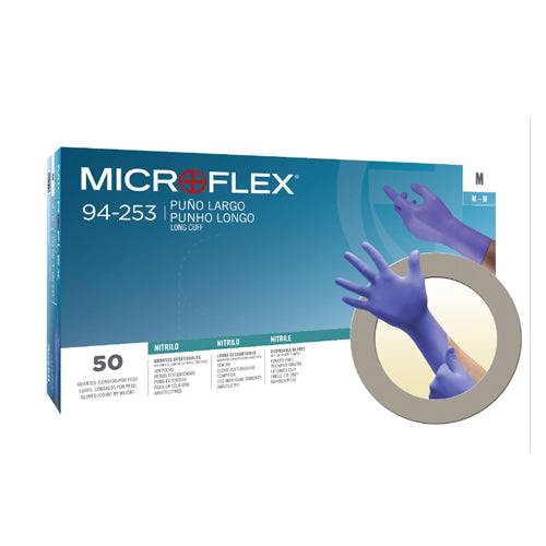 20401. GUANTES DE NITRILO MORADO PUÑO LARGO, TALLA EXTRA CHICO PAQUETE C/50 PIEZAS - MICROFLEX