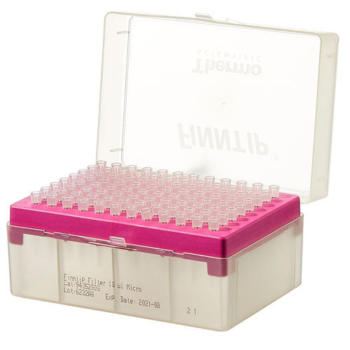 25859. PUNTAS 10UL CLARAS ESTERIL C/FILTRO, CODIGO DE COLOR ROSA CAJA C/10 RACKS C/96 PIEZAS FINNTIP