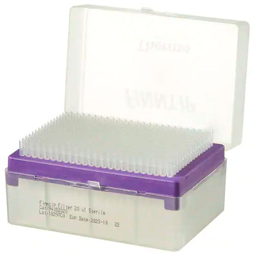 25860. PUNTAS 20UL CLARAS ESTERIL C/FILTRO, CODIGO DE COLOR PURPURA CAJA C/10 RACKS C/384 PIEZAS FINNTIP