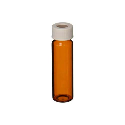 21687. VIAL VIDRIO AMBAR DE 40ML C/TAPA DE ROSCA ABIERTA DE COLOR BLANCO 24-414MM Y SEPTA TEFLON/SILICONA C/100 PIEZAS - FINNERAN