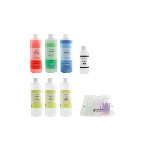 18240. KIT DE SOLUCION DE CALIBRACION DE PH/EC DE 8OZ (PH 4.00, 7.00, 10.01, 1413US, 12.88MS, 84US), SOLUCION DE ALMACENAMIENTO 4OZ P/ELECTRODOS DE PH/ORP, CALPOD - APERA INSTRUMENTS