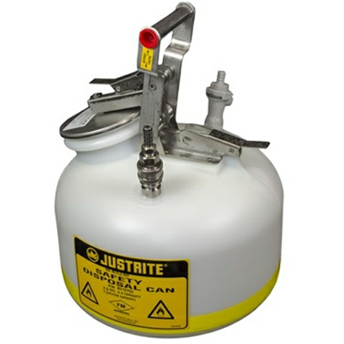 6232. BIDON DE SEGURIDAD 5GAL (19LT) DE POLIETILENO BLANCO P/DESECHOS HPLC C/DESCONEXION RAPIDA 3/8PULG ACERO INOXIDABLE JUSTRITE