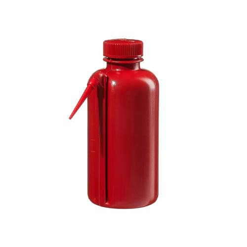 13902. PIZETA (FRASCO LAVADOR) 500ML BOCA ANCHA SALIDA LATERAL, POLIETILENO BAJA DENSIDAD ROJO C/TAPON DE ROSCA DE POLIPROPILENO ROJO - NALGENE