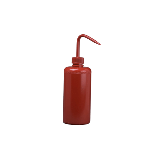 23712. PIZETA (FRASCO LAVADOR) 500ML ROJO BOCA ANGOSTA SALIDA SUPERIOR C/TAPA ROJA, LDPE BEL-ART