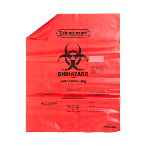 4731. BOLSA DE POLIPROPILENO ROJA P/RESIDUOS BIOLOGICOS (BIOHAZARD) 58X48CM, GROSOR 1.5MIL C/INDICADOR DE ESTERILIZACION CAJA C/200 PIEZAS BEL-ART