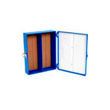 13308.CAJA P/100 LAMINILLAS DE PLASTICO ABS AZUL C/INTERIOR DE CORCHO, TARJETA DE IDENTIFICACION NUMERADA C/BROCHE - HEATHROW