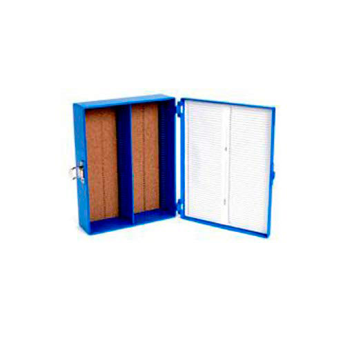 13308.CAJA P/100 LAMINILLAS DE PLASTICO ABS AZUL C/INTERIOR DE CORCHO, TARJETA DE IDENTIFICACION NUMERADA C/BROCHE - HEATHROW
