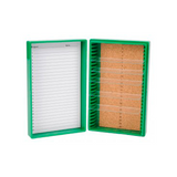 13310. CAJA P/25 LAMINILLAS DE PLASTICO ABS VERDE C/INTERIOR DE CORCHO, TARJETA DE IDENTIFICACION NUMERADA C/BROCHE - HEATHROW