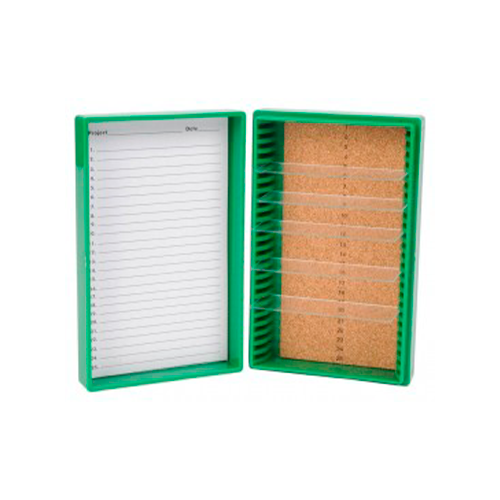 13310. CAJA P/25 LAMINILLAS DE PLASTICO ABS VERDE C/INTERIOR DE CORCHO, TARJETA DE IDENTIFICACION NUMERADA C/BROCHE - HEATHROW