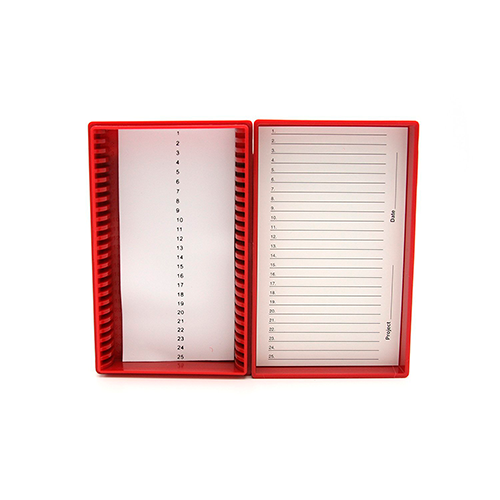 13314. CAJA P/25 LAMINILLAS DE PLASTICO ABS ROJO C/INTERIOR DE ESPUMA, TARJETA DE IDENTIFICACION NUMERADA C/BROCHE - HEATHROW
