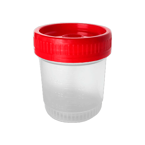 25462. VASO RECOLECTOR 60ML ESTERIL GRADUADO C/TAPA ROJA PAQUETE C/50 PIEZAS PLASTIC WORLD