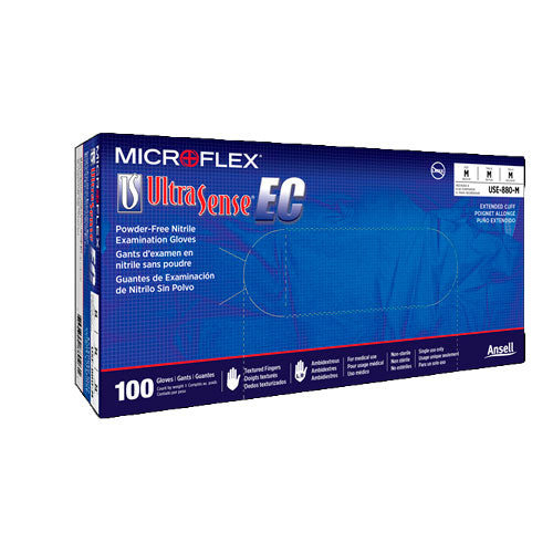 26962. GUANTES DE NITRILO AZUL SIN POLVO, PUÑO EXTENDIDO ULTRASENSE TALLA GRANDE PAQUETE C/100 PIEZAS MICROFLEX