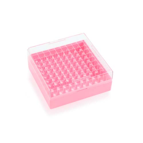 17338. CAJA DE ALMACENAMIENTO EN CONGELADOR P/100 VIALES CRIOGENICOS 1.2-2ML, RESINA PLASTICA ROSA C/TAPA TRANSPARENTE PAQUETE C/10 PIEZAS - WHEATON